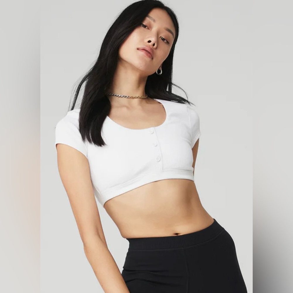 NWT Alo Yoga Blissful Henley Ribbed Bra Top White Size L
